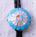 Turquoise and Mother of Pearl Zuni Sunface Bolo Tie by Denise Suitza - 4L26P