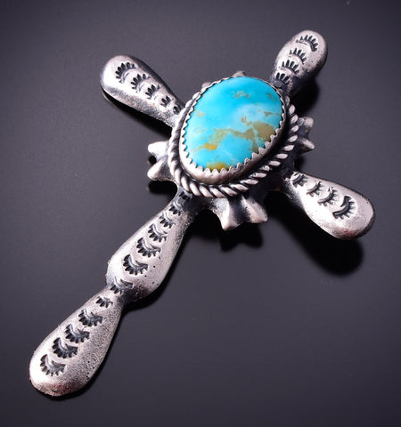 Silver & Turquoise Navajo Handstamped Cross Pendant by Richard Yazzie 4E27M