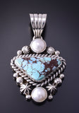 Silver & Golden Hills Turquoise w/ Pearl Navajo Pendant by Erick Begay 4C29E