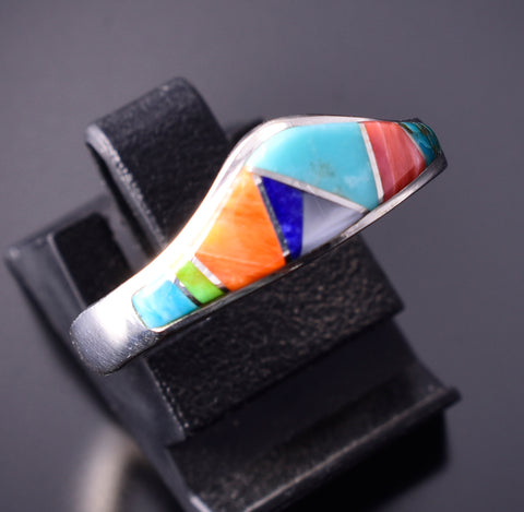 Size 8-1/4 Silver & Turquoise Multistone Navajo Inlay Ring 4F04Q