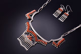 Silver & Coral Zuni Inlay Necklace & Earrings Set by Stewart Nakatewa 4F04H