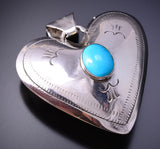 Reversible Silver & Turquoise Navajo Handmade Puffed Heart Pendant 4K10J