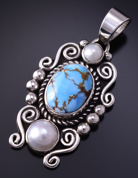 Silver & Golden Hills Turquoise Fresh Pearl Navajo Pendant by Erick Begay 5B26W