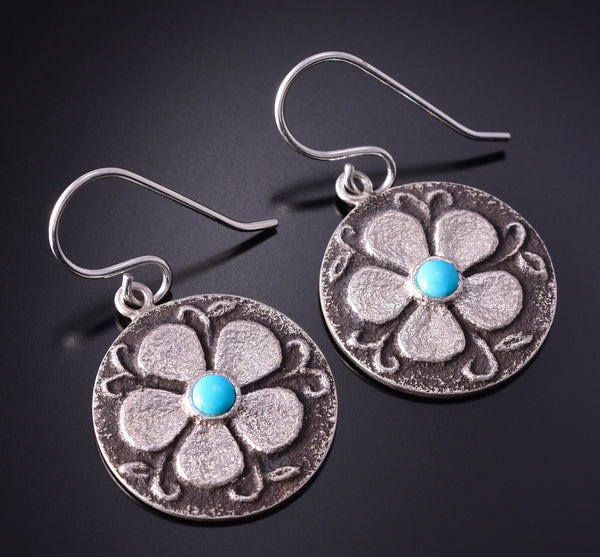 Silver & Turquoise Navajo Tufacast Flowers Earrings by Rebecca T. Begay 4F23J