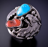 Size 12-3/4 Silver & Turquoise Coral Navajo Men's Ring Jeanette Saunders 4L10Q