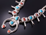 Vintage Silver Turquoise & Coral Navajo Squash Blossom Necklace 4F04J