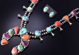 Silver & Turquoise Multistone Navajo Squash Blossom Necklace & Earring Set 4L09E