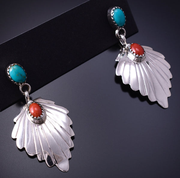 Silver & Turquoise Coral Navajo Feather Earrings by Genevieve Francisco 4H27H