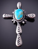 Silver & Turquoise Navajo Handstamped Cross Pendant by Richard Yazzie 4E27M