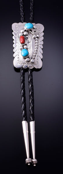 Turquoise and Coral Navajo Bolo Tie by Wilbert Muskett 4L26V