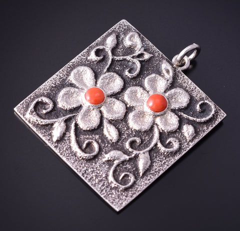 Silver & Coral Navajo Tufacast Flowers Pendant by Rebecca T. Begay 4F25T