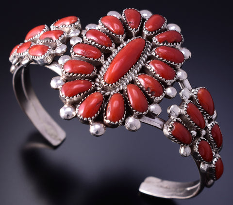 Silver & Coral Zuni Handmade Cluster Bracelet by Lorraine Waatsa 4L09T