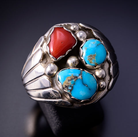 Size 12 Silver & Turquoise Coral Navajo Men's Ring by Annie Spencer 4L10W