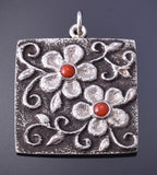 Silver & Coral Navajo Tufacast Flowers Pendant by Rebecca T. Begay 4J30N