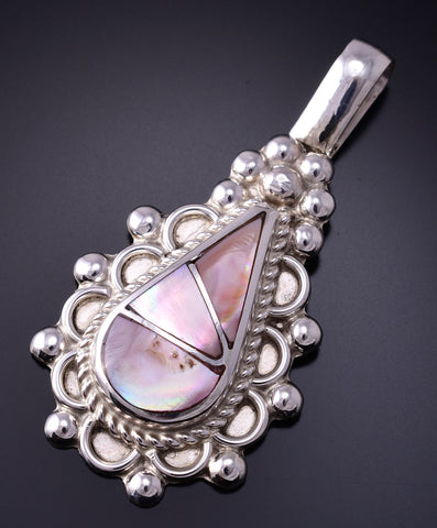 Silver & Pink Mussel Shell Zuni Inlay Waterdrop Pendant by Juanita Yatsatie 5B06P