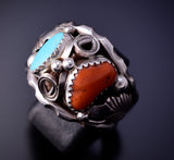 Size 11-1/2 Silver & Turquoise Coral Navajo Men's Ring by Max Calladitto 4L10K