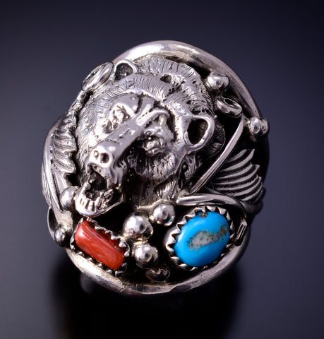 Size 9-1/4 Silver & Turquoise Coral Bear Navajo Men's Ring by J. Saunders 4L10T