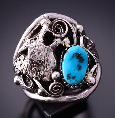 Size 12-3/4 Silver & Turquoise Wolf Navajo Men's Ring by Jeanette Saunders 4E28W