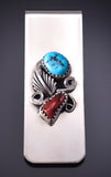 Silver & Turquoise w/ Coral Feather Navajo Money Clip by Sally Arviso 5B14X