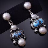 Silver & Golden Hills Turquoise Fresh Pearl Navajo Earrings by Erick Begay 5B25L