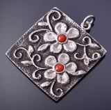 Silver & Coral Navajo Tufacast Flowers Pendant by Rebecca T. Begay 4J30N