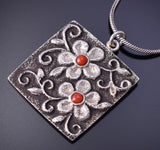 Silver & Coral Navajo Tufacast Flowers Pendant by Rebecca T. Begay 4J30N