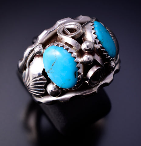 Size 10-1/4 Silver & Turquoise Navajo Handmade Men's Ring Max Calladitto 4L10J