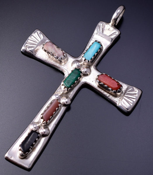 Silver & Turquoise Multistone Zuni Inlay Cross Pendant by Cecelia Iule 4L12W