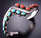 Vintage Silver & Turquoise Coral Navajo Wave Bracelet 4E18J