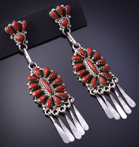 Silver & Mediterranean Coral Statement Zuni Earrings by George Gasper 4H27E