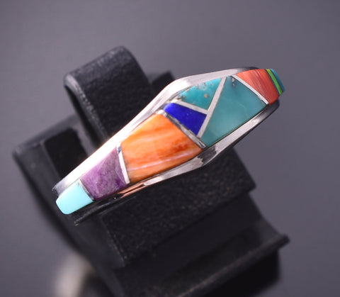 Size 8 Silver & Turquoise Multistone Navajo Inlay Ring by VJ 4F04T
