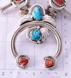 Vintage Silver Turquoise & Coral Navajo Squash Blossom Necklace 4F04J