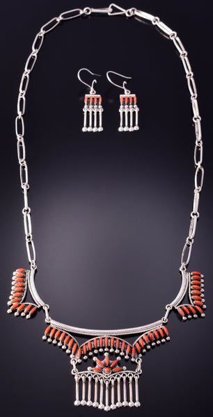 Silver & Coral Zuni Inlay Necklace & Earrings Set by Stewart Nakatewa 4F04H