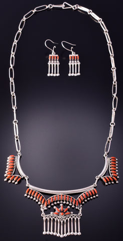 Silver & Coral Zuni Inlay Necklace & Earrings Set by Stewart Nakatewa 4F04H