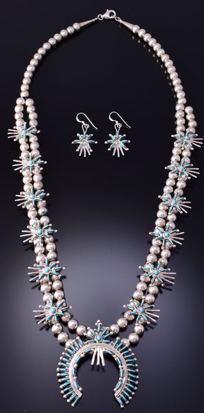 Silver & Turquoise Zuni Needlepoint Necklace & Earring Set by Lerna Mahkee 4L09H