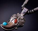 Silver & Turquoise Coral w/ Bear Claw Navajo Pendant by Jerry Thompson 4L22S