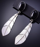 Silver & Onyx Navajo Handmade Eagle Feather Earrings 4K07A