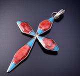 Silver & Spiny Oyster Shell Turquoise Navajo Cross Pendant by James Kee 4L12V