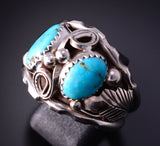 Size 12-3/4 Silver & Turquoise Feathers Navajo Men's Ring - Max Calladitto 4F10P