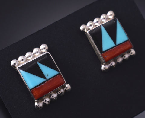 Silver & Turquoise Multistone Zuni Inlay Post Earrings by Tyrone Martinez 5A30N