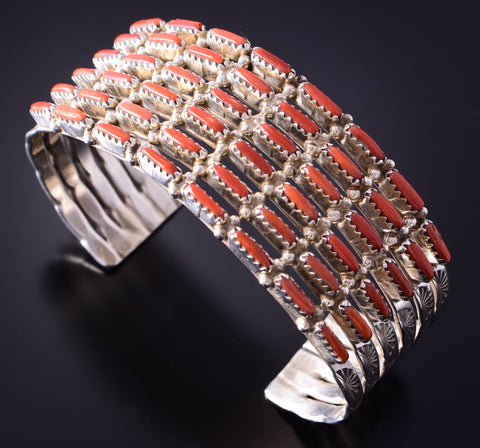 Silver & Coral Zuni Handmade Bracelet by Murray Hannaweeka 4F23Q