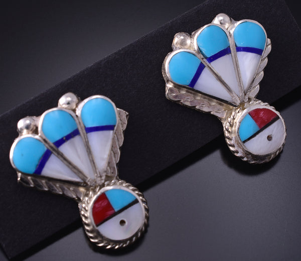 Silver & Turquoise Multistone Zuni Inlay Sunface Earrings - Clarence Pedro 5A30O