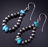 Silver & Turquoise Nugget Navajo Pearls Loop Earrings by Mason Lee 5B14N