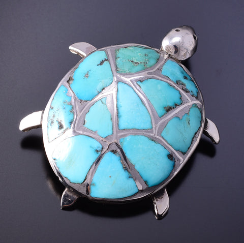 Vintage Silver & Turquoise Zuni Inlay Turtle Pendant & Brooch 4L07G