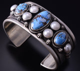 Silver & Golden Hills Turquoise Fresh Pearl Navajo Bracelet by Erick Begay 5B26J