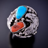 Size 12-3/4 Silver & Turquoise Coral Navajo Men's Ring Jeanette Saunders 4L10Q