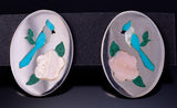 Silver & Turquoise Multistone Navajo Inlay Blue Jay Earrings by Bruce Joe 4K10U