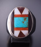 Size 10-1/2 Vintage Silver & Turquoise Multistone Navajo Inlay Ring 4E18P