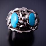 Size 10-1/4 Silver & Turquoise Navajo Handmade Men's Ring Max Calladitto 4L10J