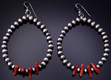 Silver & Coral Navajo Pearls Loop Earrings by Theresa Skeets 4M16A